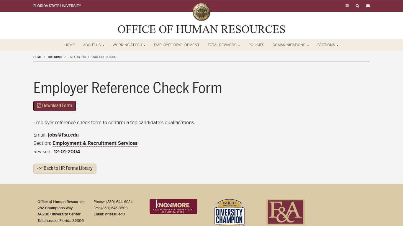 Employer Reference Check Form | Office of Human Resources